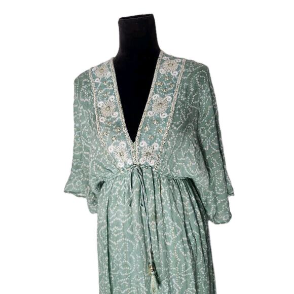 Zury Boho Maxi Dress Sage Green Gold Sequin Embroidered Tassel Tiered OS - Picture 4 of 8